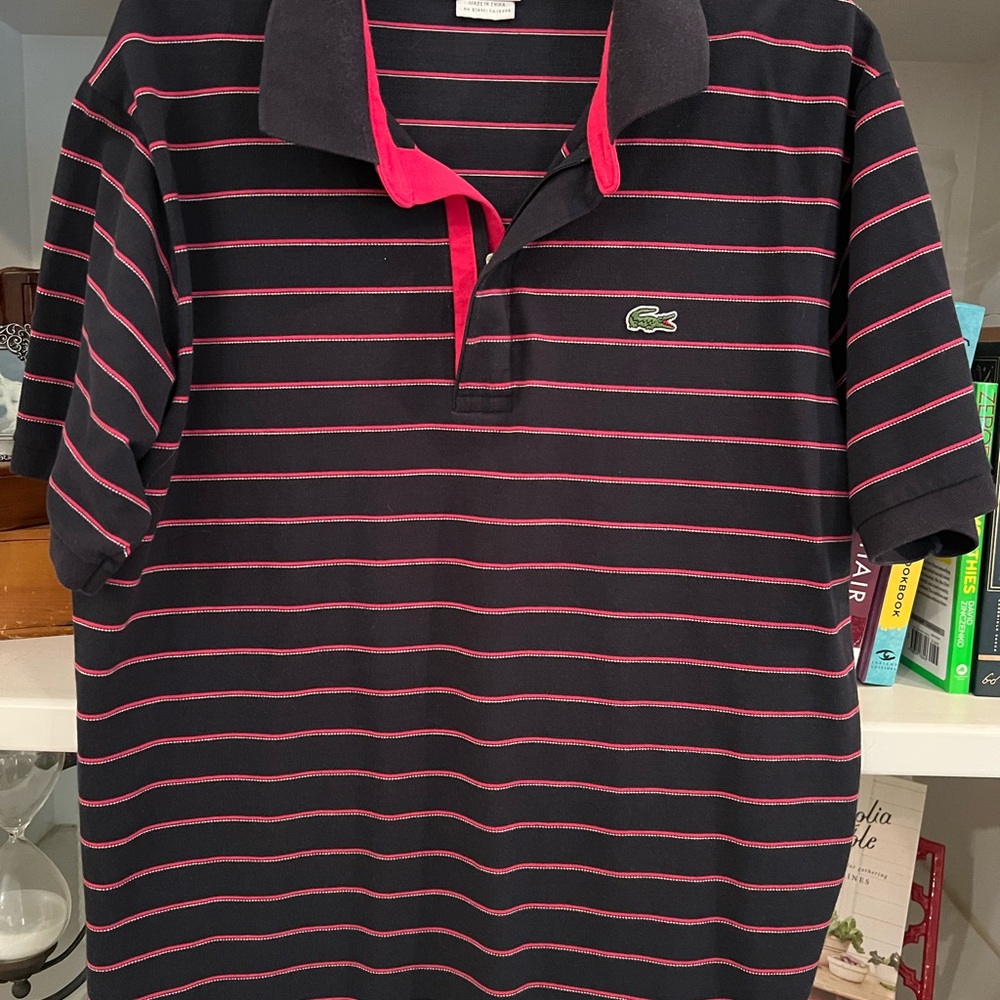 Lacoste Navy and Pink Striped Polo Shirt
